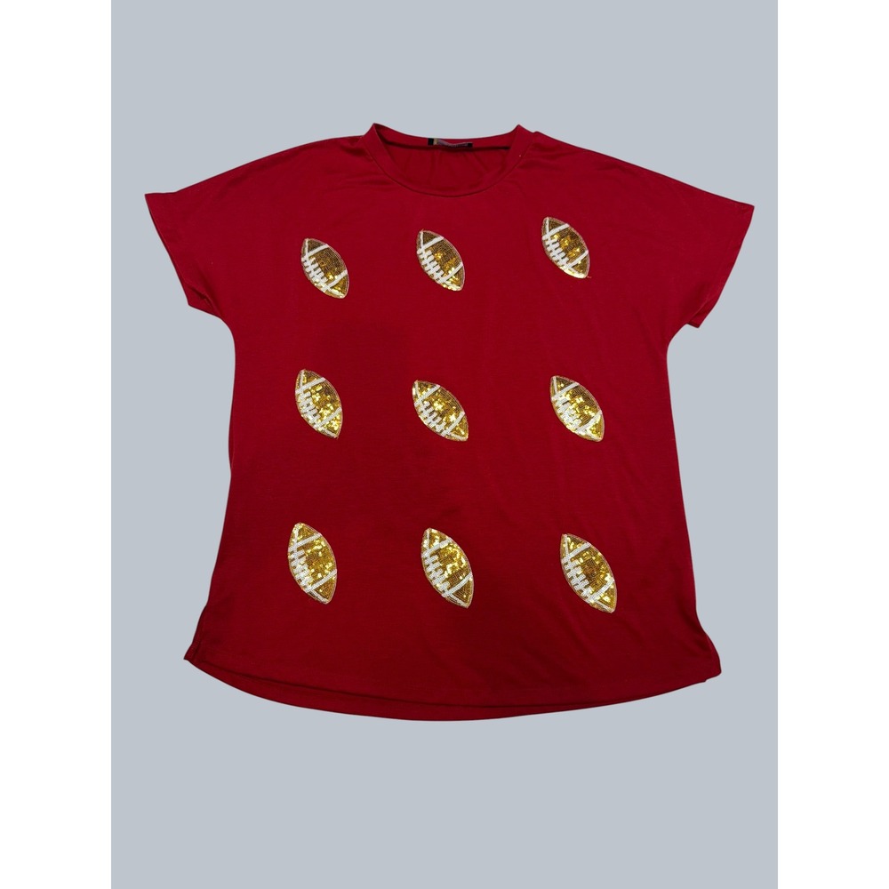 Sunshine & Rodeos Red Sequin Football Gameday‎ Graphic Tee Shirt Womens Medium